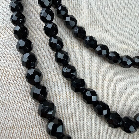 Vintage Faceted Black Crystal Triple Strand Bead Necklace Rhinestone Accents - Picture 2 of 9